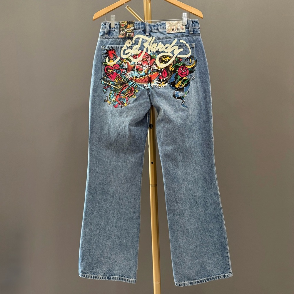 Ed Hardy multi-tattoo print light-wash baggy jeans